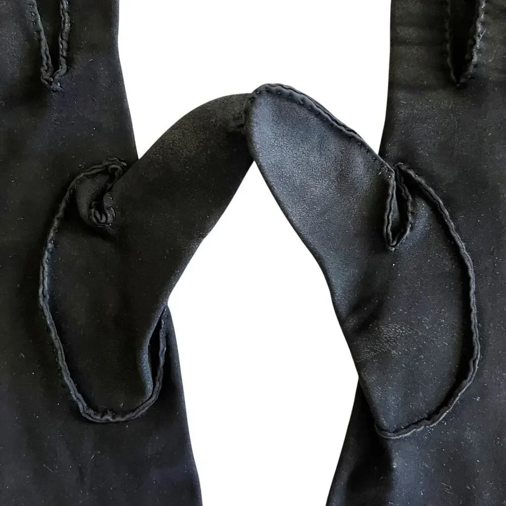 Vintage Leather-Tailored Black Fabric Forearm Long Evening Gloves Size 7